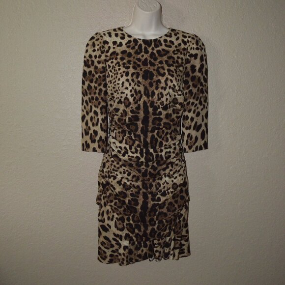 Sz 4 Dolce & Gabbana Animal Print Silk Blend 3/4 Sleeve Ruched Dress - Picture 1 of 7